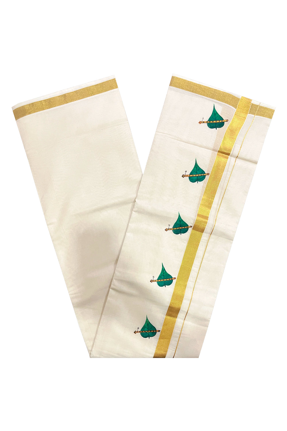 Kerala Pure Cotton Double Mundu with Leaf and Flute Mural Painted Design on Kasavu Border (South Indian Kerala Dhoti)