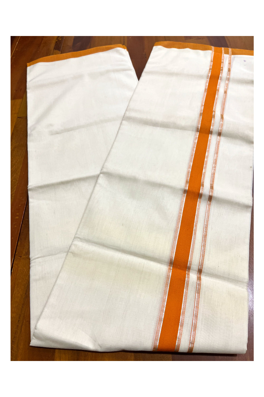 Premium Balaramapuram Handloom Unakkupaavu Cotton Double Mundu with Orange and Silver Kasavu Border (Vishu 2024 Collection)