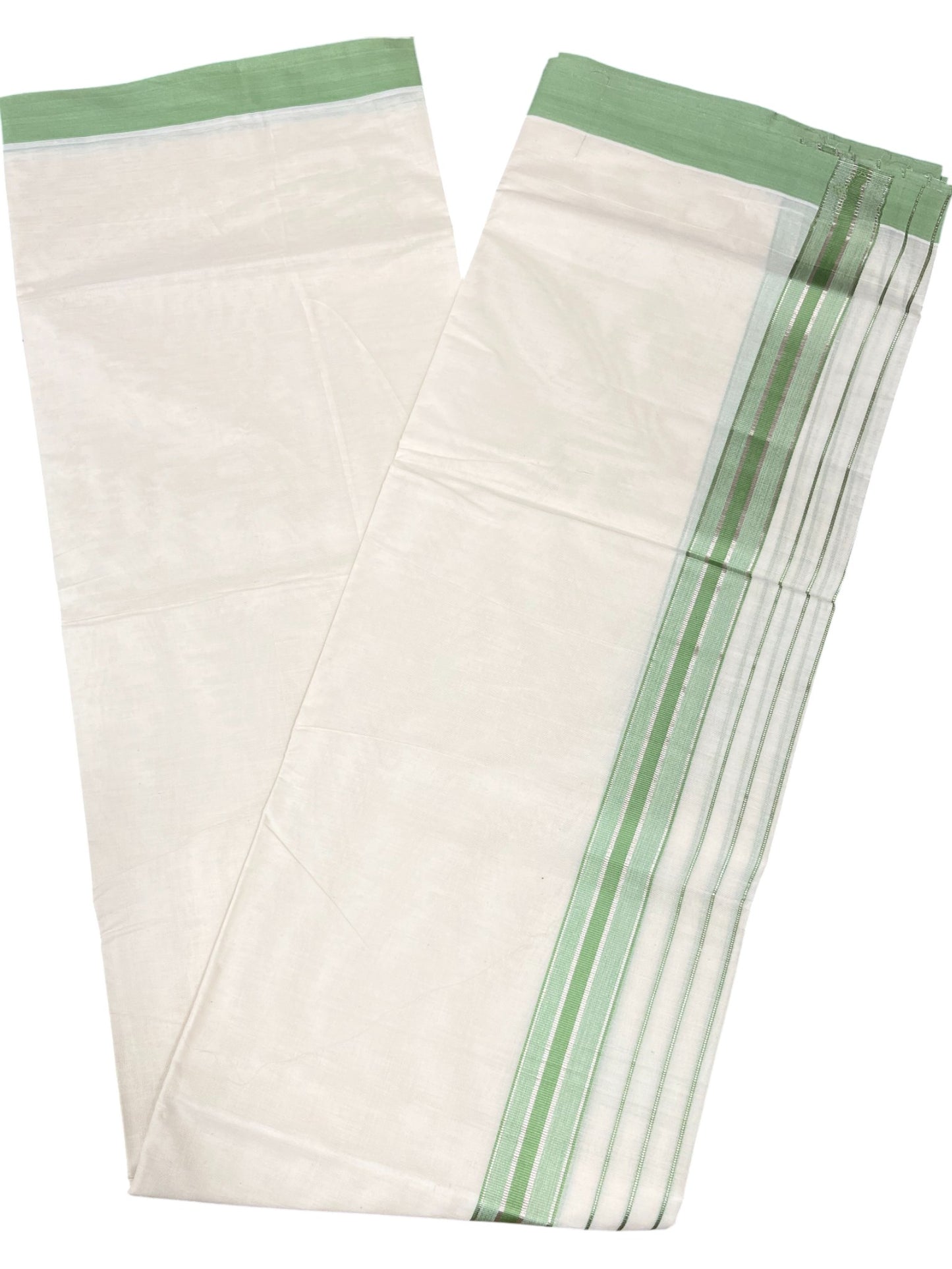 Southloom Kerala Pure Cotton Double Mundu with Green And Silver Lines Border (South Indian Dhoti)