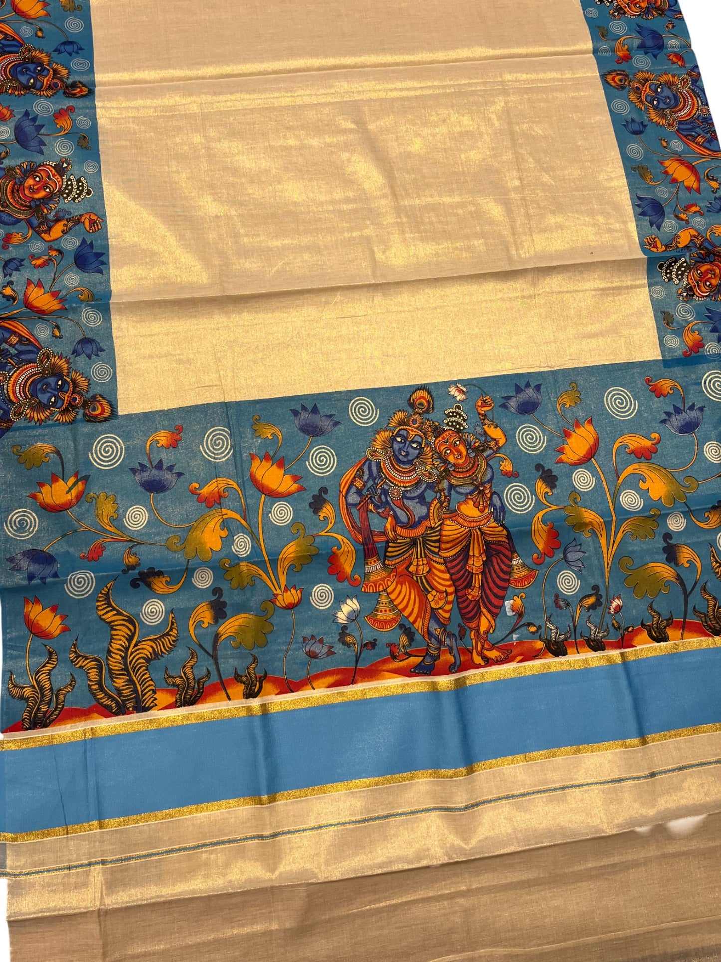 Southloom Kerala Tissue Kasavu Saree with Krishna Mural Printed Art Design and Printed Border