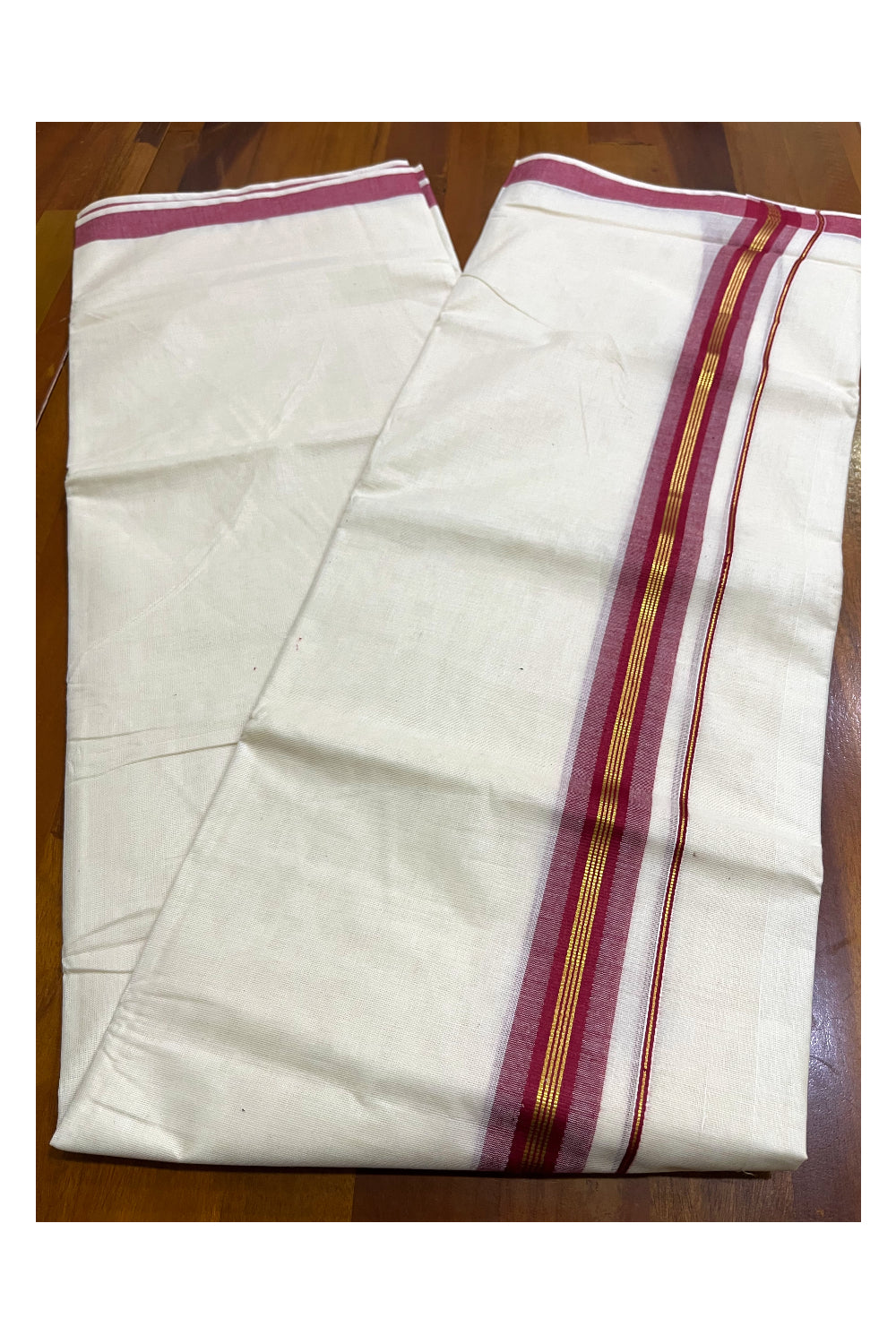 Kerala Pure Cotton Double Mundu with Kasavu and Maroon Border (South Indian Kerala Dhoti)