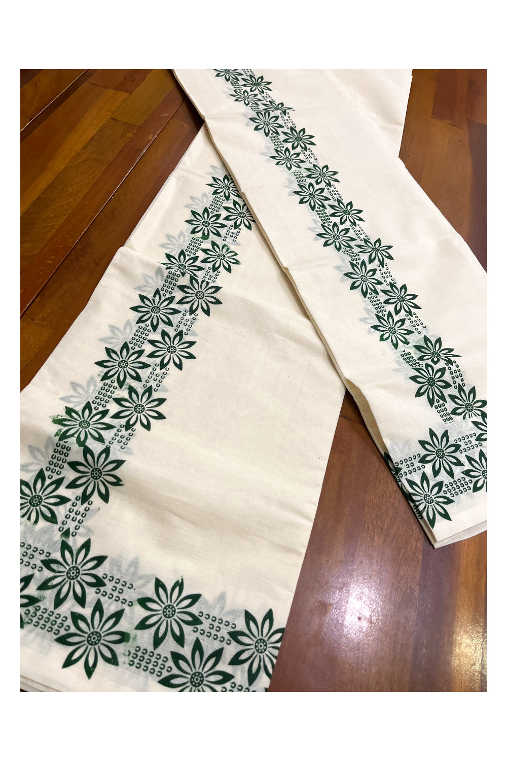 Kerala Pure Cotton Set Mundu Single (Mundum Neriyathum) with Green Floral Block Printed Border