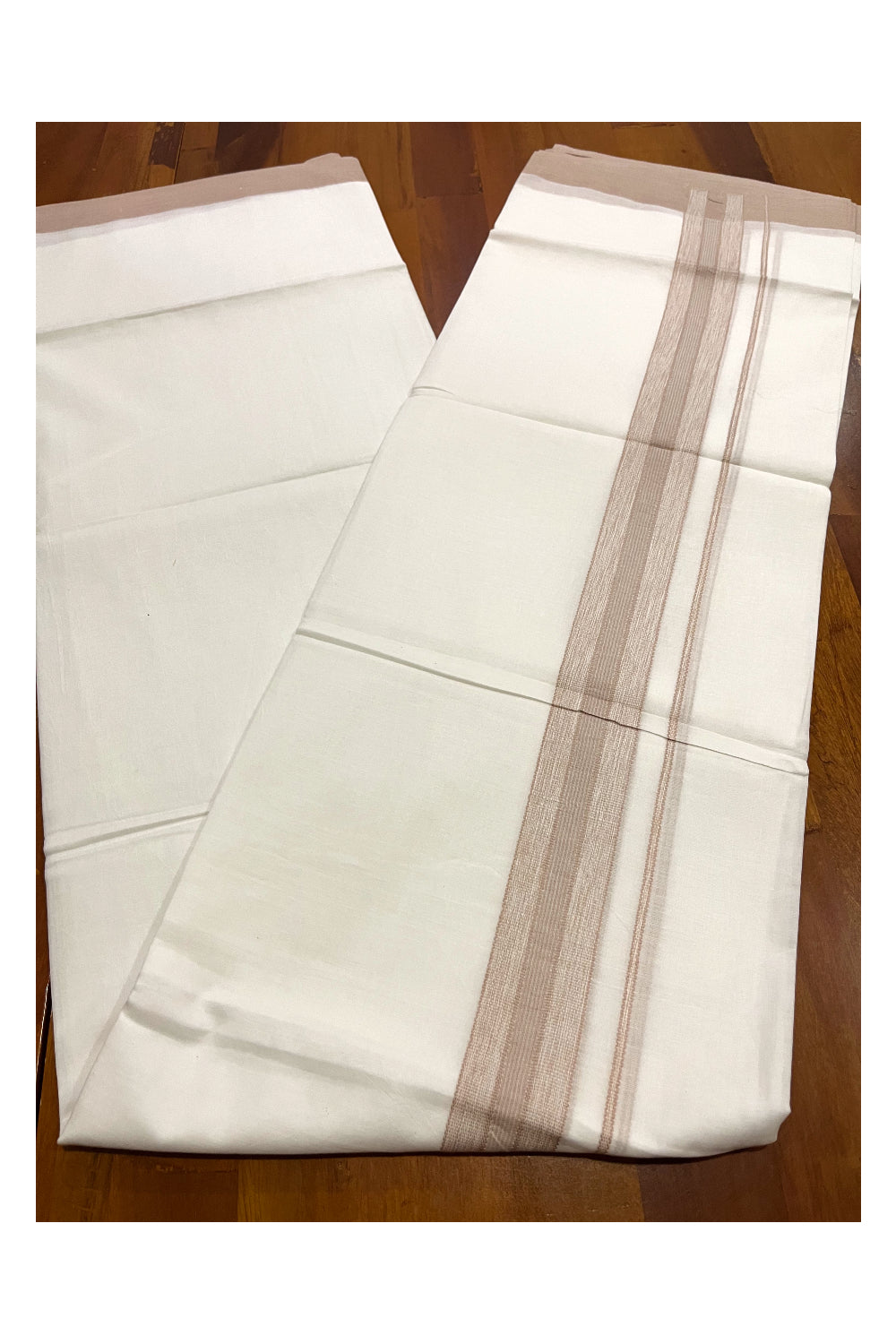 Pure White Cotton Double Mundu with Light Brown Border (South Indian Kerala Dhoti)