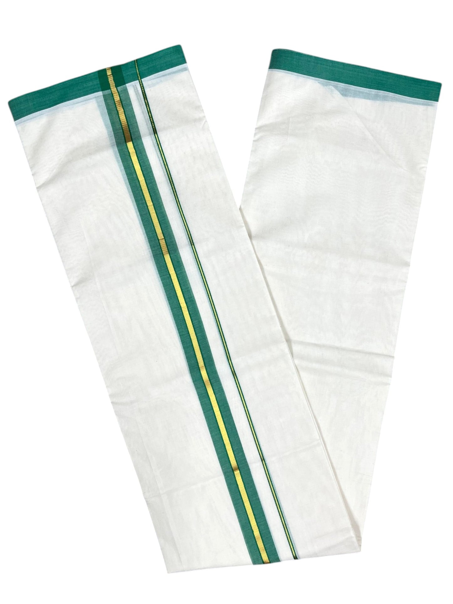 Southloom Pure Cotton Mundu with Gold Lines and Green Border (South Indian Kerala Dhoti)