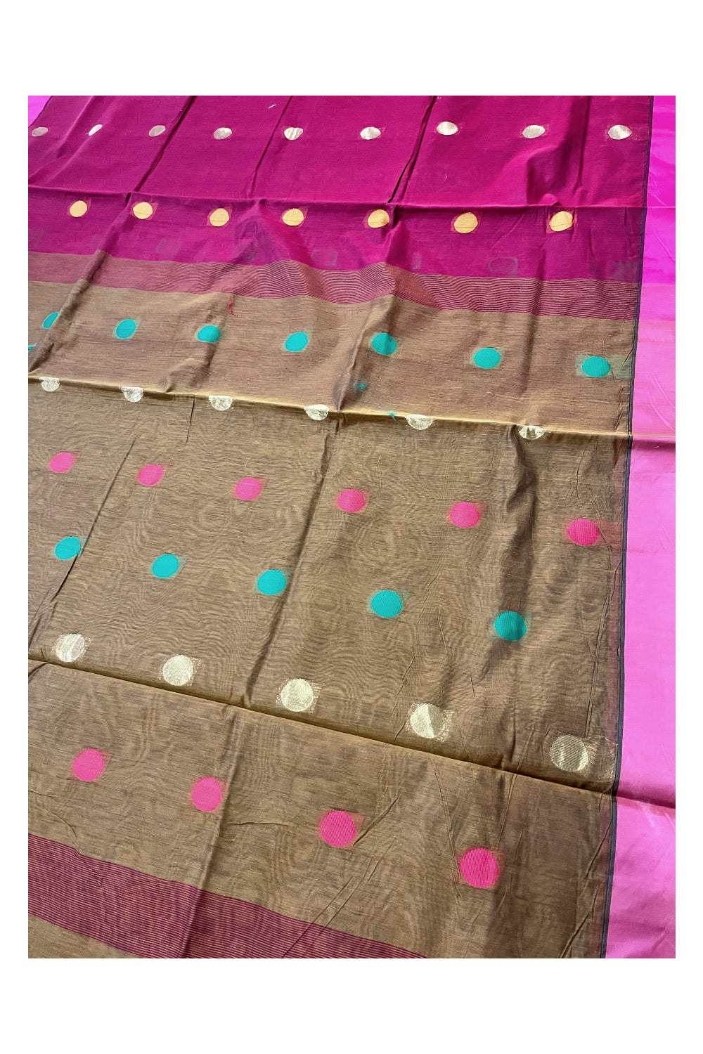 Southloom Cotton Maroon Saree with Polka Woven Designs and Magenta Border