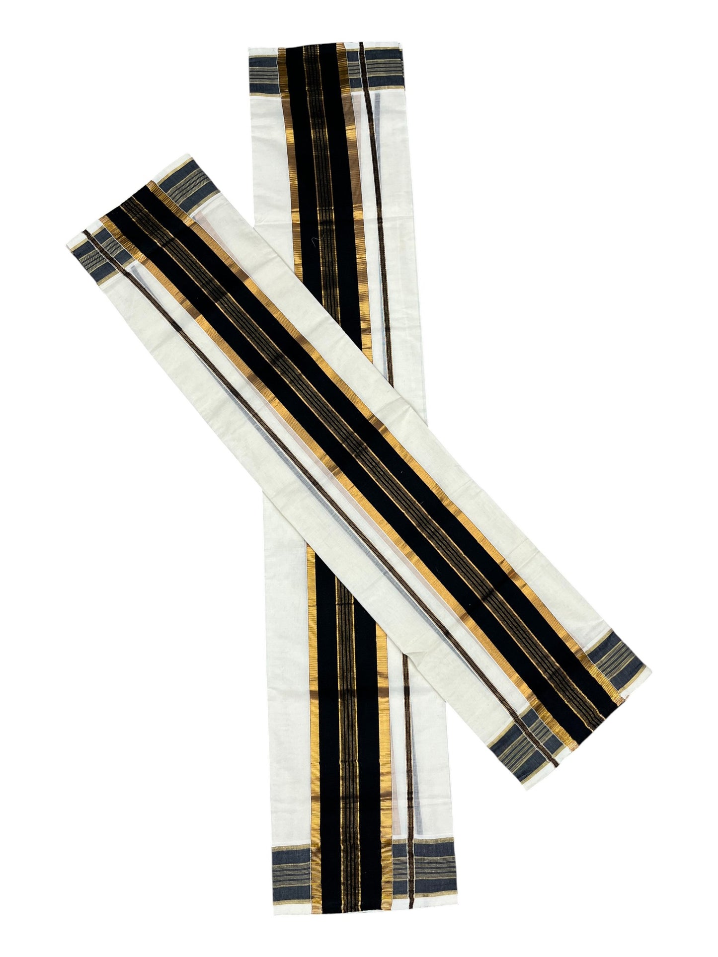 Kerala Cotton Set Mundu (Mundum Neriyathum) with Kasavu and Black Border in 2.80 Mtrs