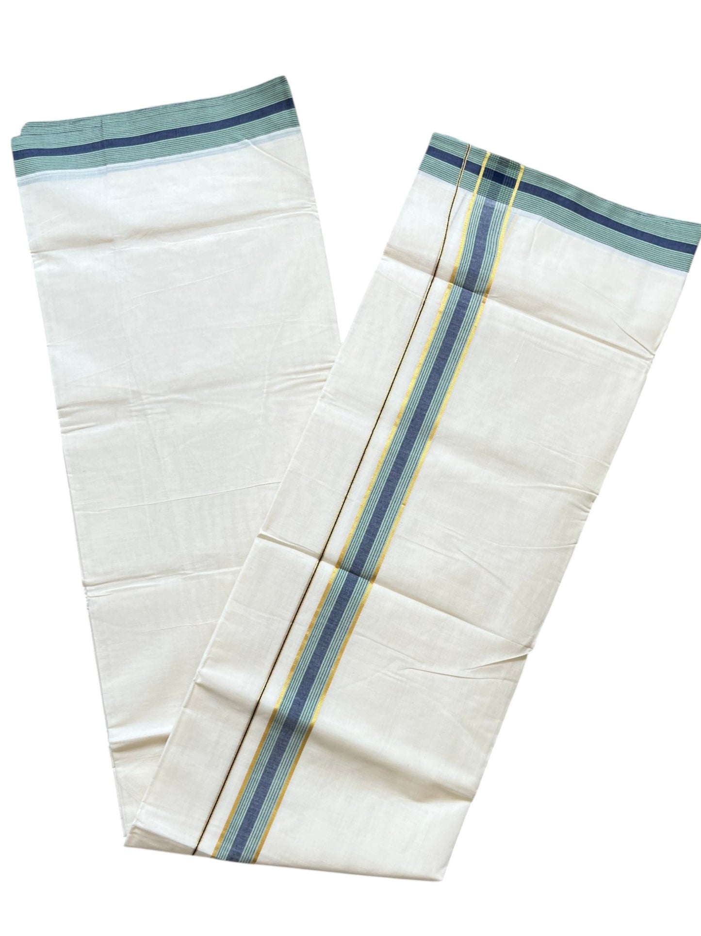 Southloom Pure Cotton Mundu with Golden Lines and Blue & Green Border (South Indian Kerala Dhoti)