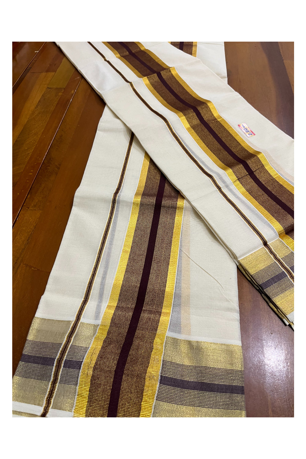 Kerala Cotton Set Mundu (Mundum Neriyathum) with Brown and Kasavu Border 2.80 Mtrs