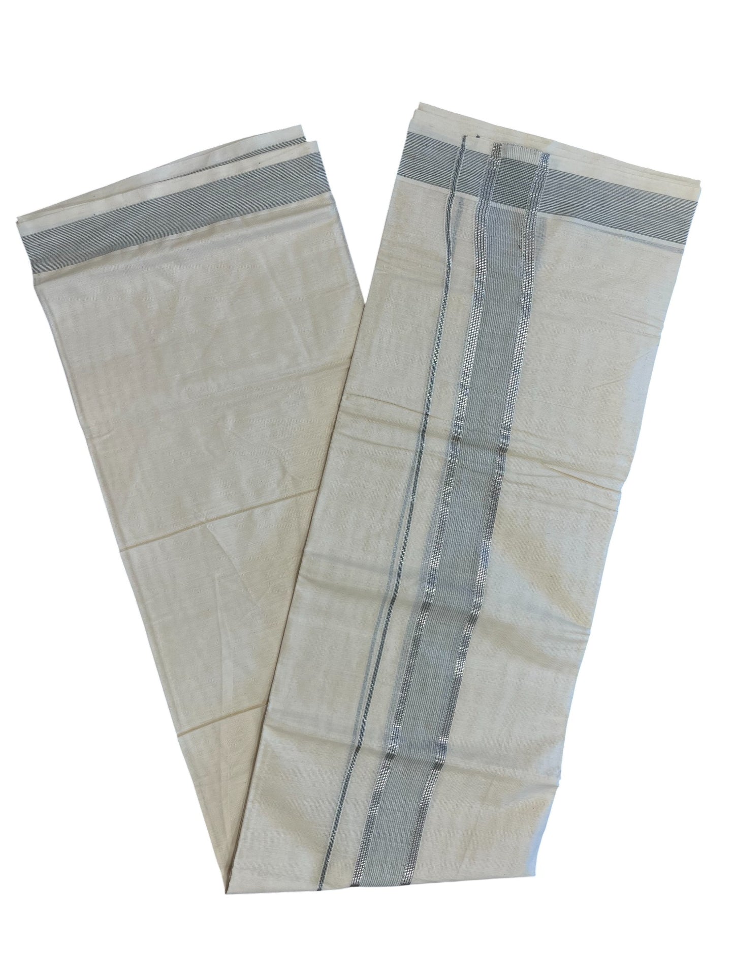 Southloom Kerala Pure Cotton Double Mundu with Silver Lines & Grey Border (South Indian Dhoti)