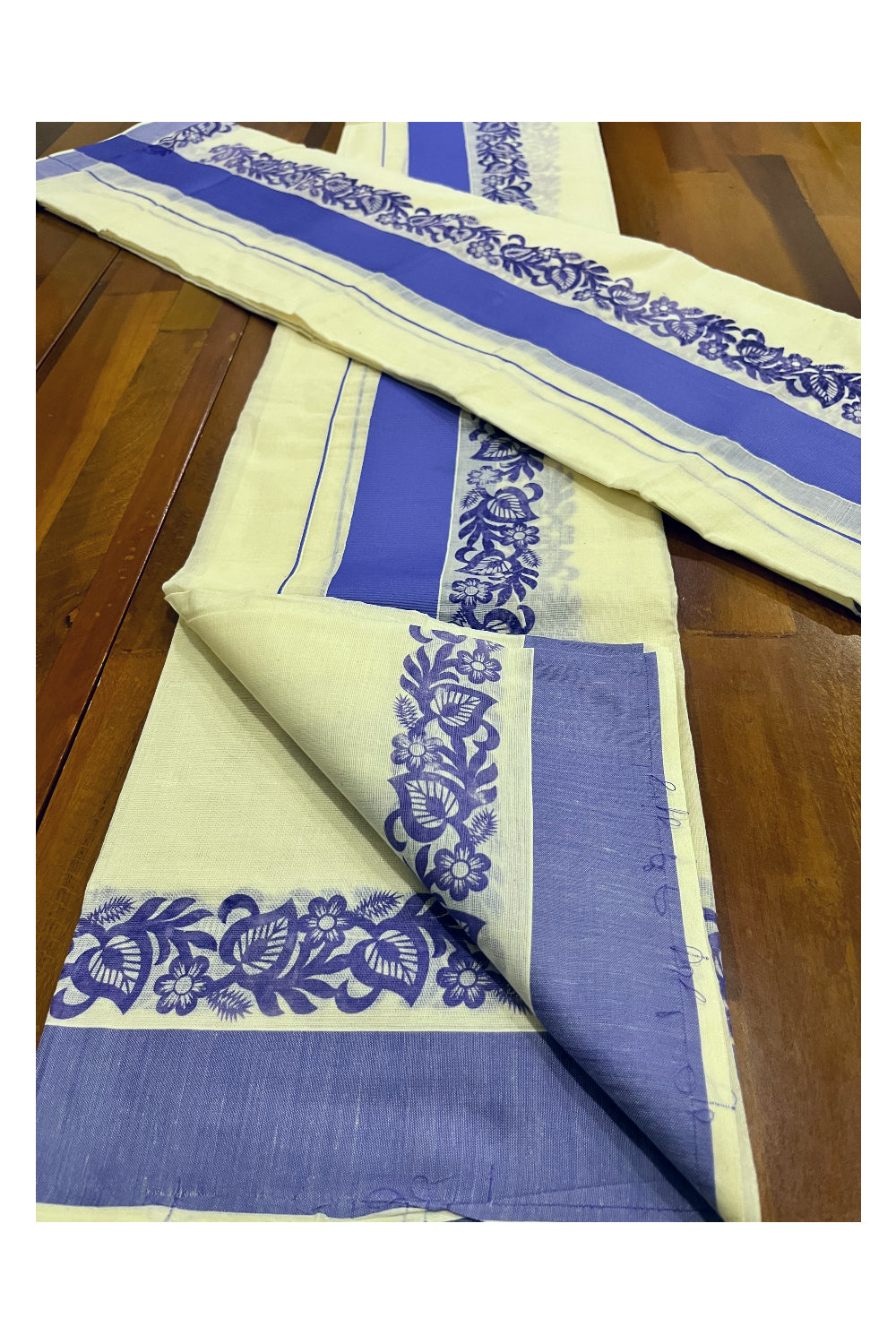 Kerala Pure Cotton Set Mundu Single (Mundum Neriyathum) with Light Violet Floral Block Prints