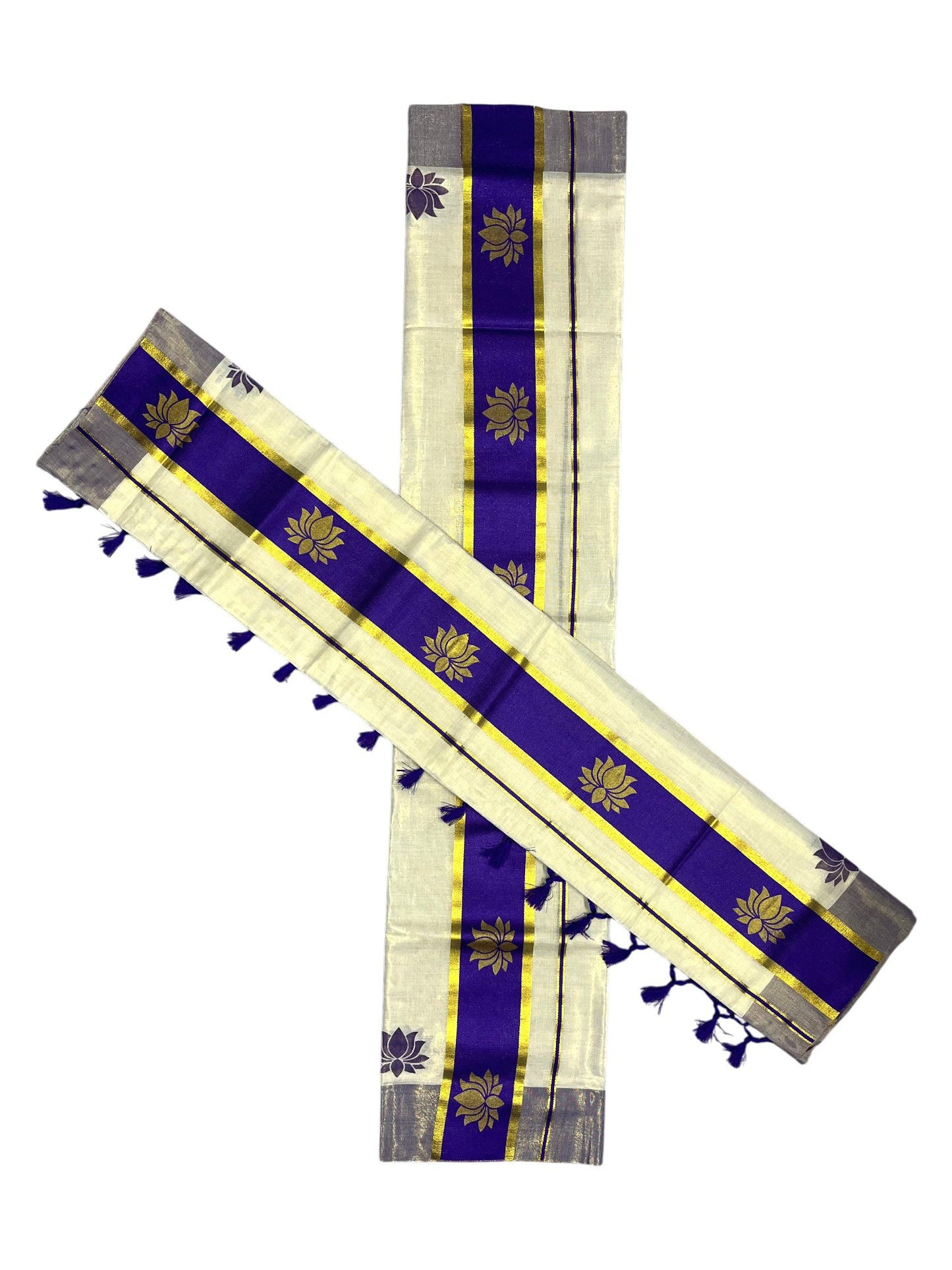 Southloom Kerala Cotton Kasavu Single Set Mundu (Mundum Neriyathum) with Lotus Design in Violet