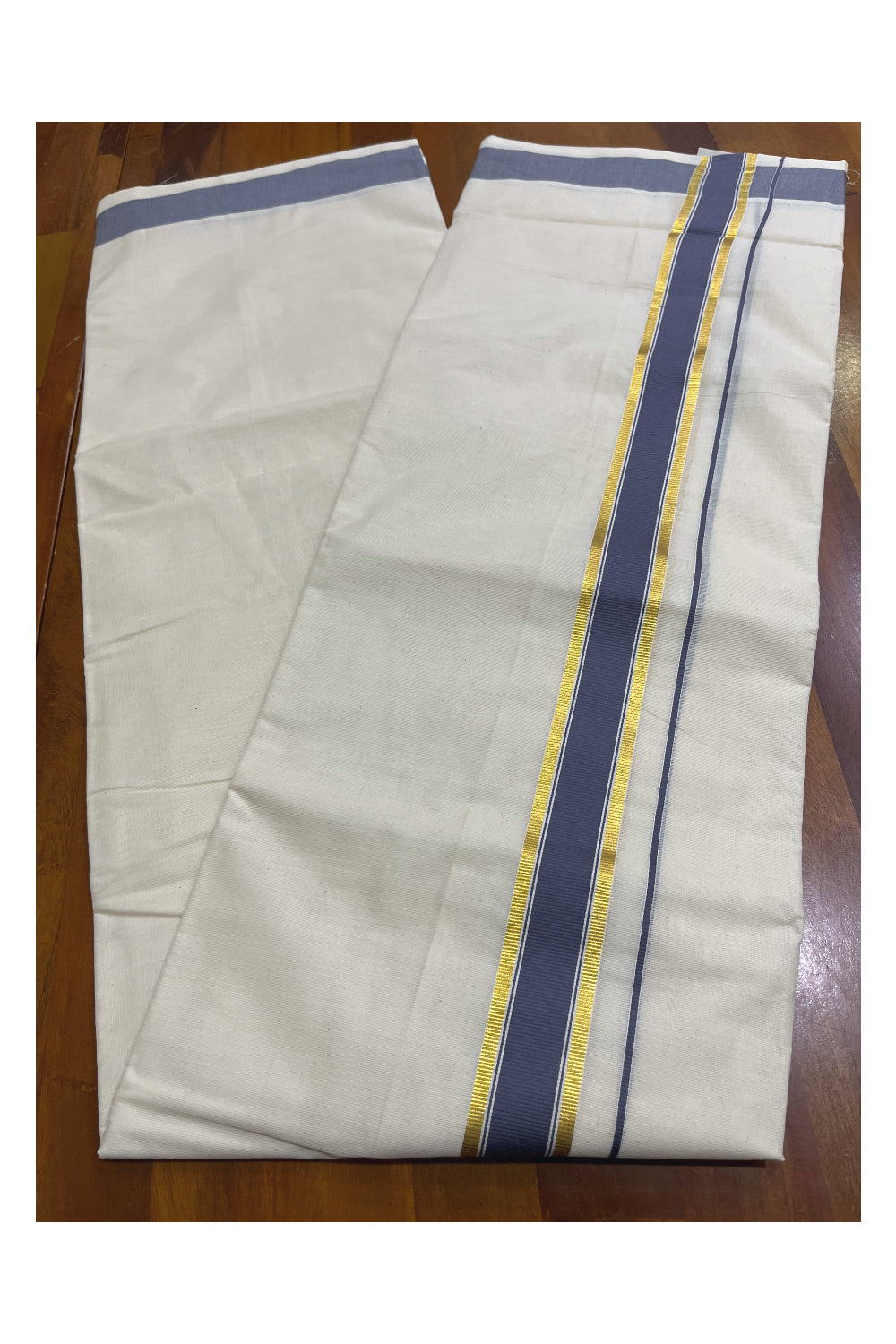 Kerala Pure Cotton Double Mundu with Grey and Kasavu Border (South Indian Kerala Dhoti)