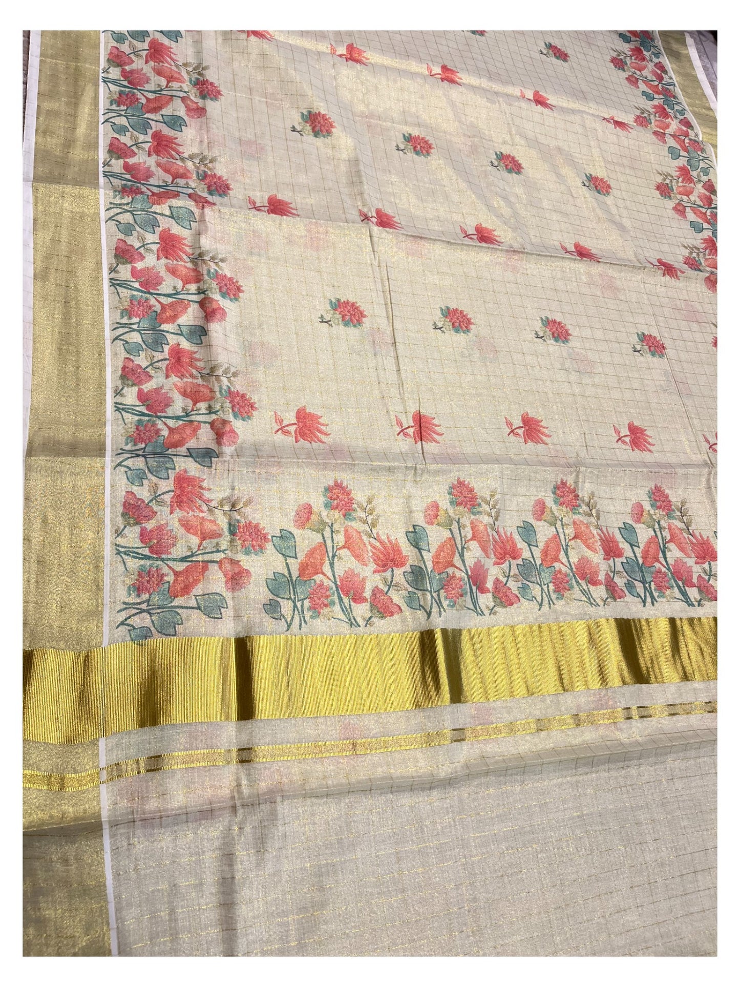 Southloom Tissue Check Kalamkari Print  Kasavu Saree