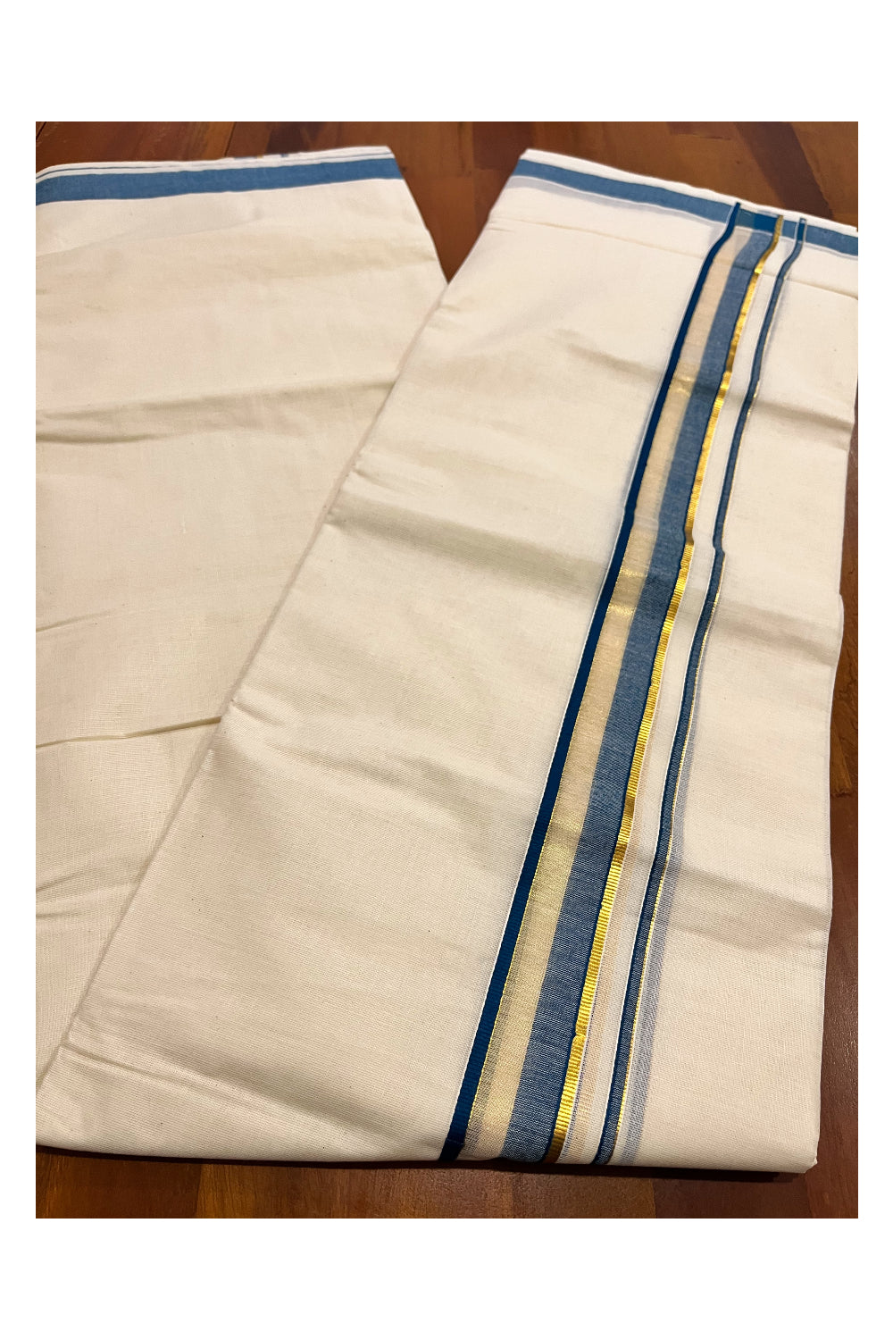 Kerala Pure Cotton Double Mundu with Blue and Kasavu Border (South Indian Kerala Dhoti)