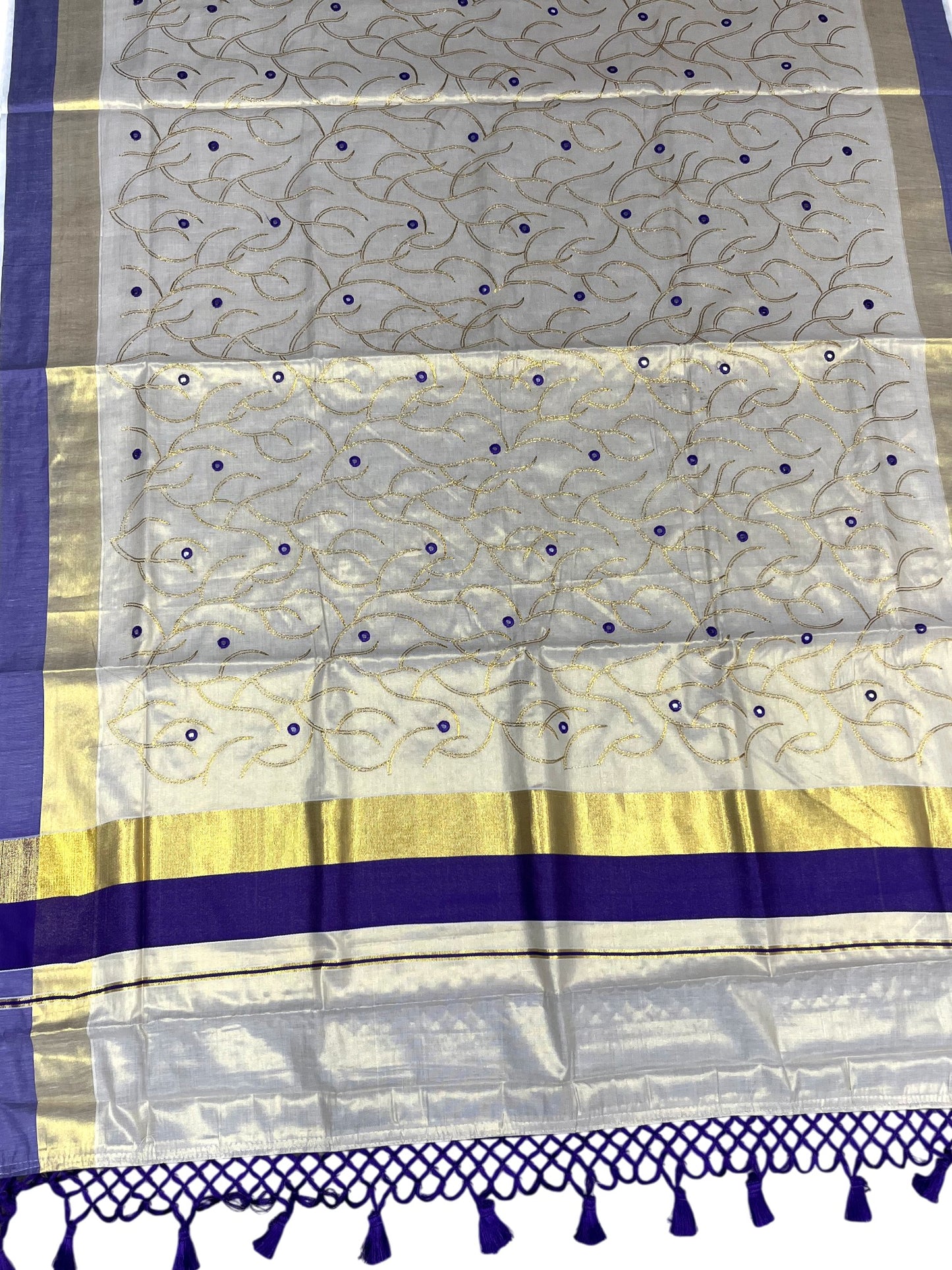 Kerala Tissue Kasavu Stripes Saree with Gold and Violet Floral Embroidery Design on Body SL269