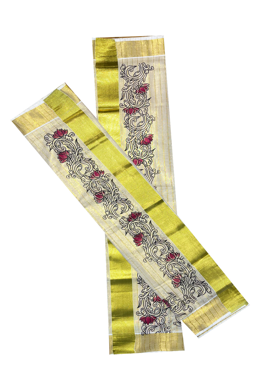 Kerala Tissue Single Set Mundu (Mundum Neriyathum) with Magenta Lotus Block Printed Design 2.80Mtr