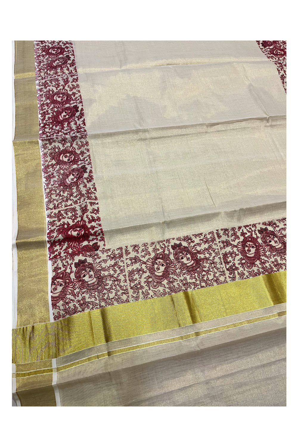 Kerala Tissue Kasavu Saree with Red Krishna Radha Floral Prints on Border And Pallu. (Vishu 2024 Collection)