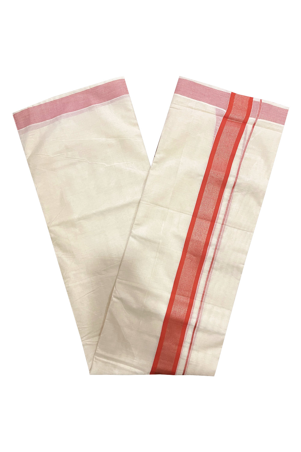 Pure Cotton Double Mundu with Orange and Silver Kasavu Kara (South Indian Kerala Dhoti)