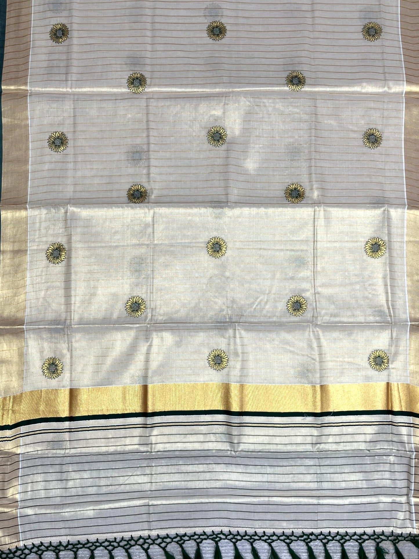 Southloom Kerala Tissue Kasavu Lines Saree with Embroidery Work on Body in Green SL315