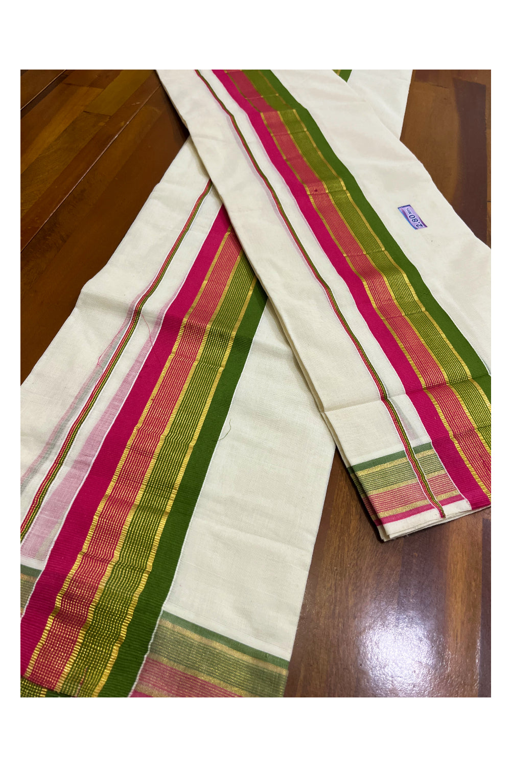 Kerala Cotton Kasavu Set Mundu (Mundum Neriyathum) with Pink Olive Green Border 2.80 Mtrs