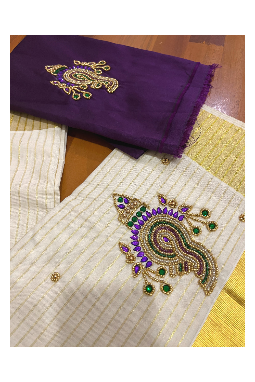 Kerala Cotton Kasavu Lines Design and Bead Work Saree with Seperate Purple Blouse Piece