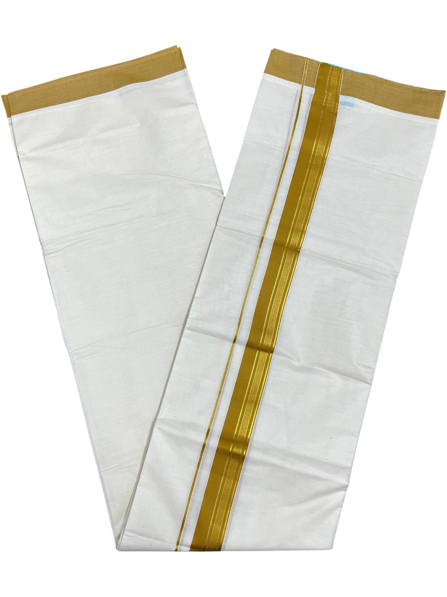 Southloom Pure Cotton Mundu with Yellow & Gold Kasavu Border (South Indian Kerala Dhoti)