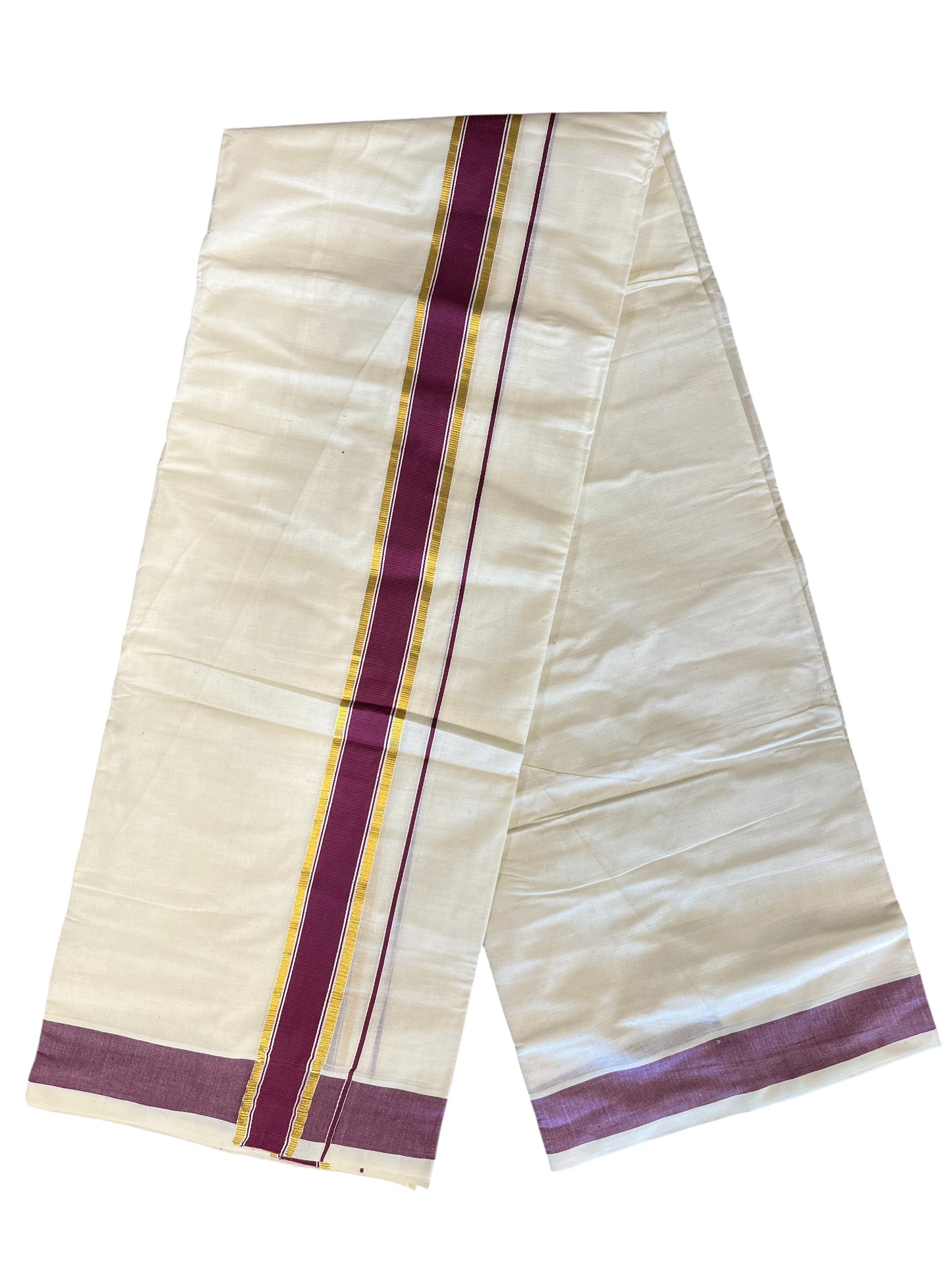 Southloom Pure Cotton Mundu with Gold Kasavu and Maroon Colour Border (South Indian Kerala Dhoti)