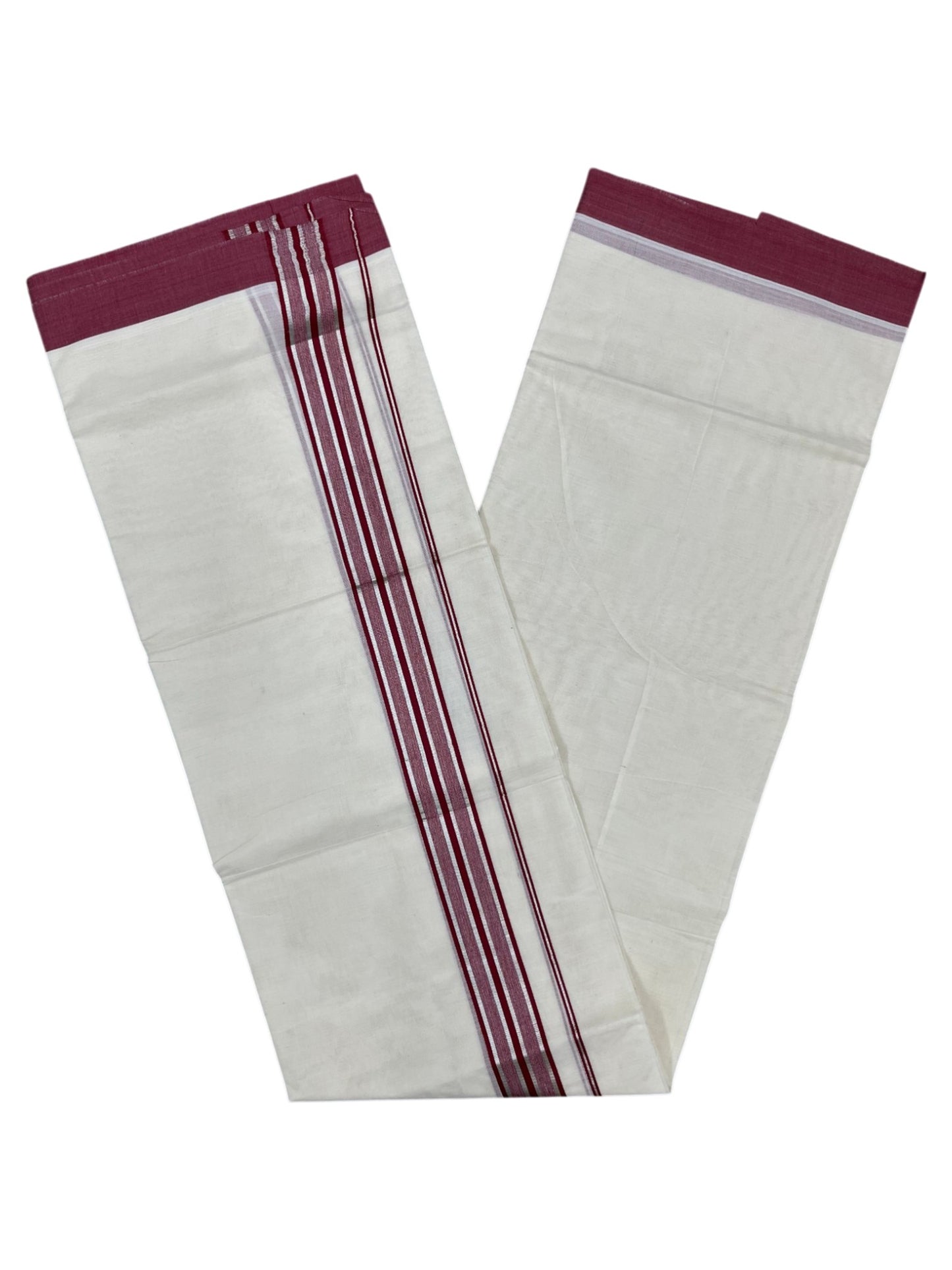 Southloom Kerala Pure Cotton Double Mundu with Silver Lines and Maroon Border with (South Indian Dhoti)