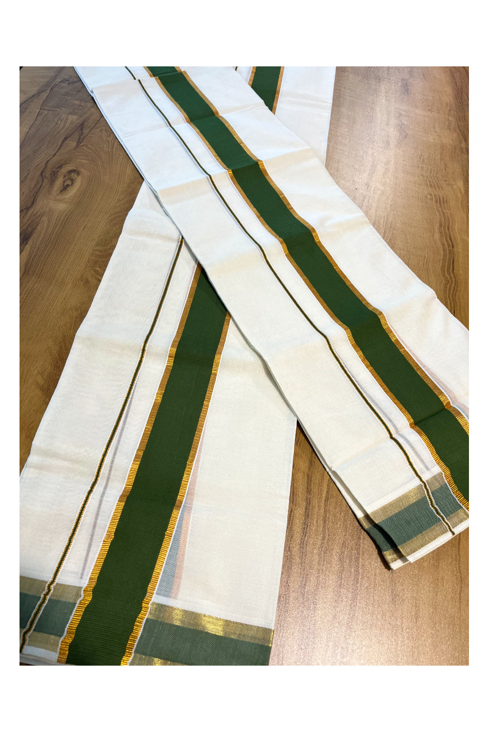 Kerala Cotton Set Mundu (Mundum Neriyathum) with Kasavu and Olive Green Border