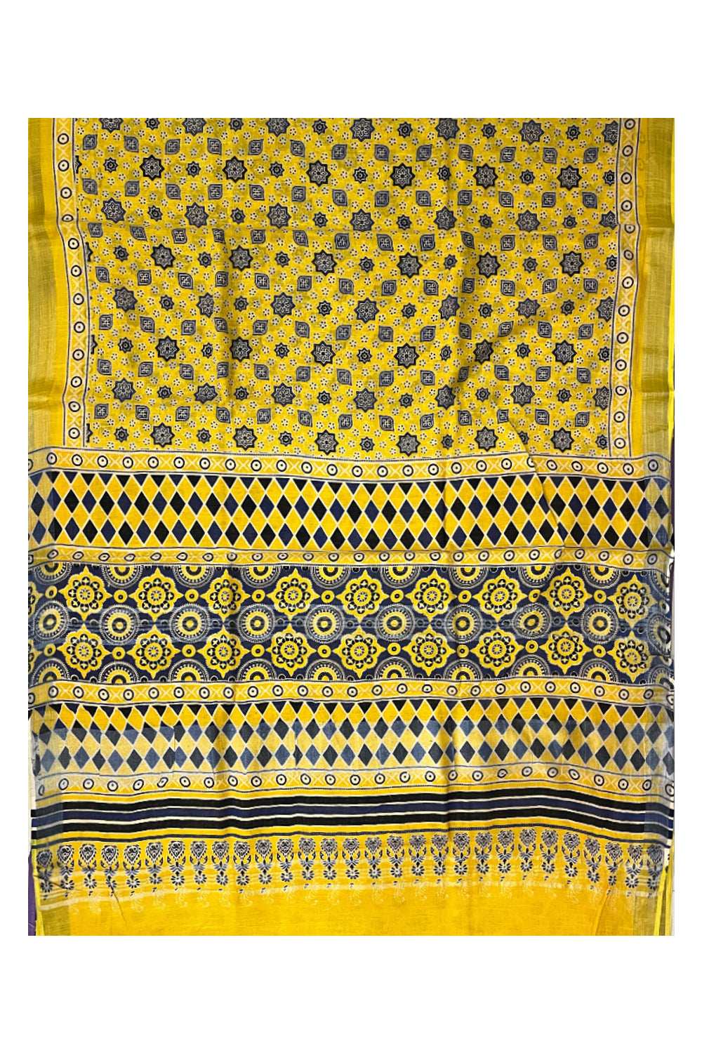 Southloom Linen Yellow Designer Saree with Prints on Body