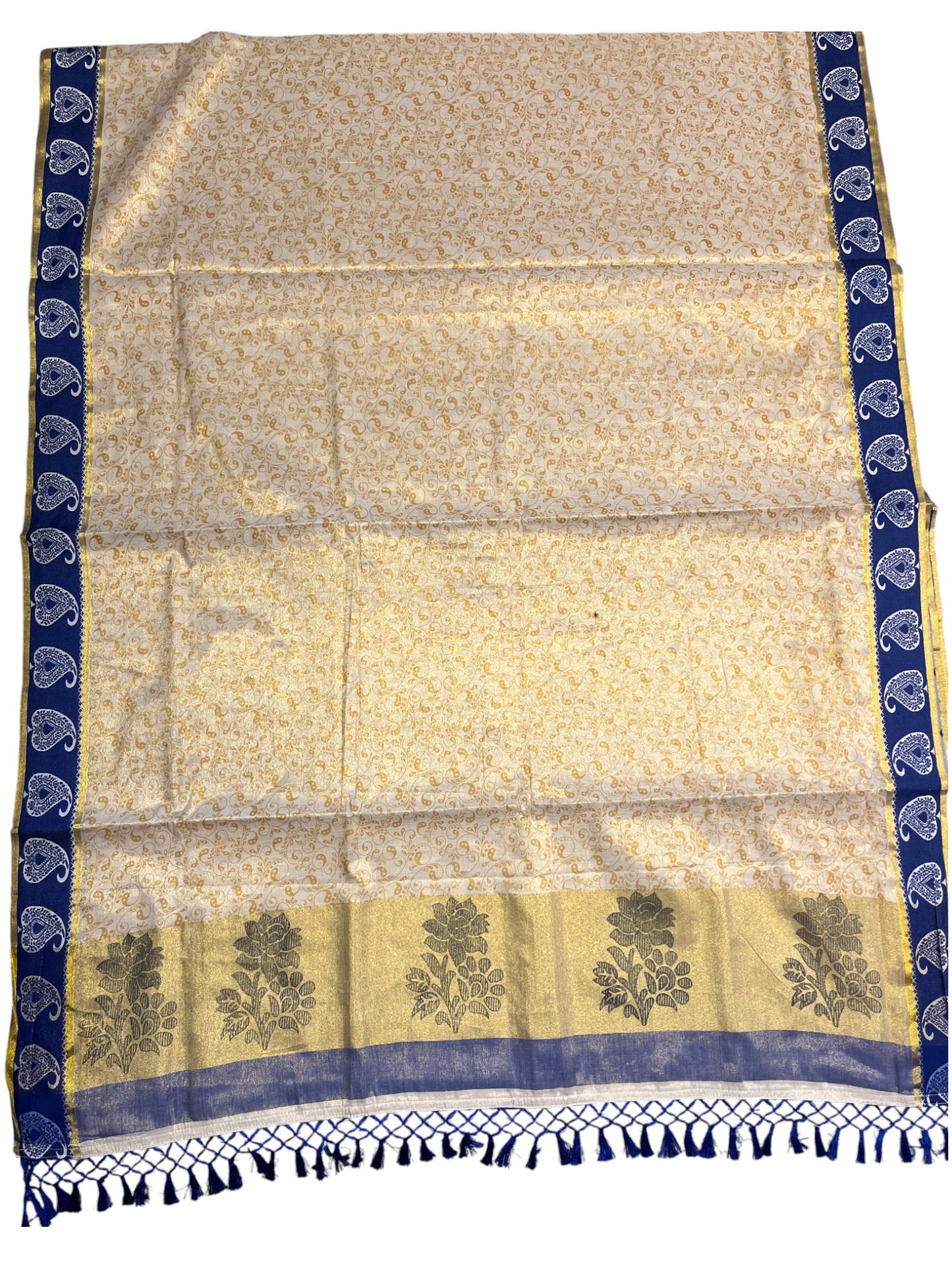 Southloom Kerala Tissue Kasavu Printed Saree with Blue Floral Embroidery Works and Tassels