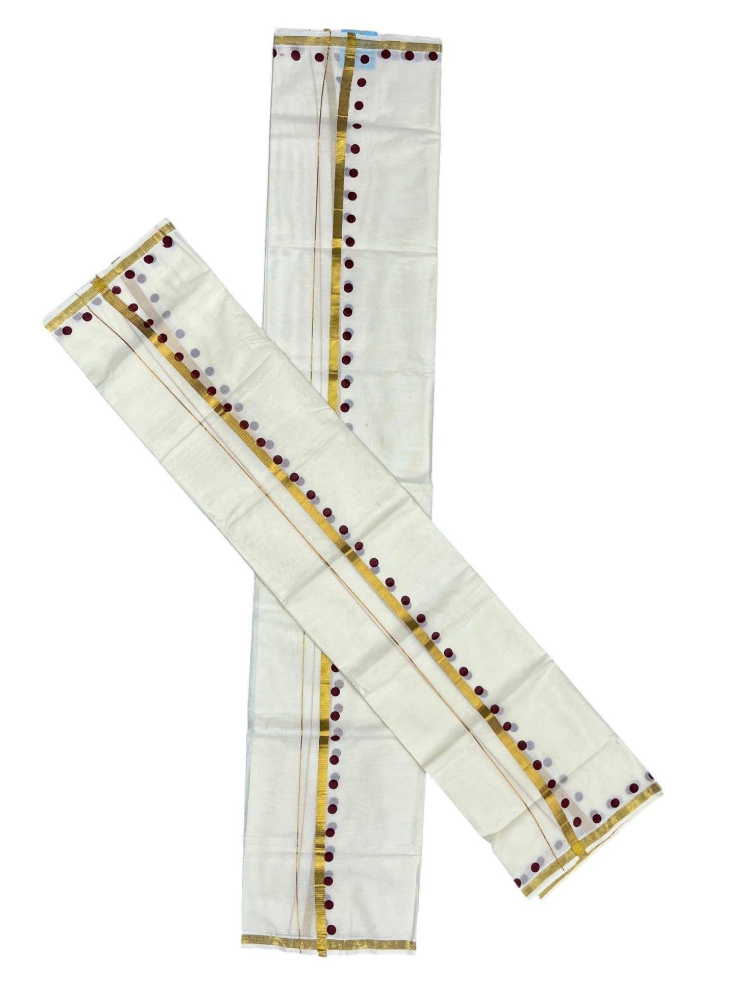 Southloom Pure Cotton Kerala Single Set Mundu (Mundum Neriyathum) with Polka Dots in Maroon 2.80 Mtrs