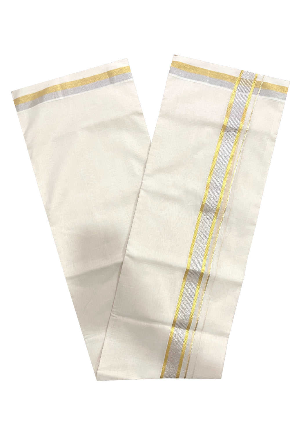 Southloom Premium Balaramapuram Wedding Handloom Mundu with Golden and Silver Kasavu Border (South Indian Kerala Dhoti)