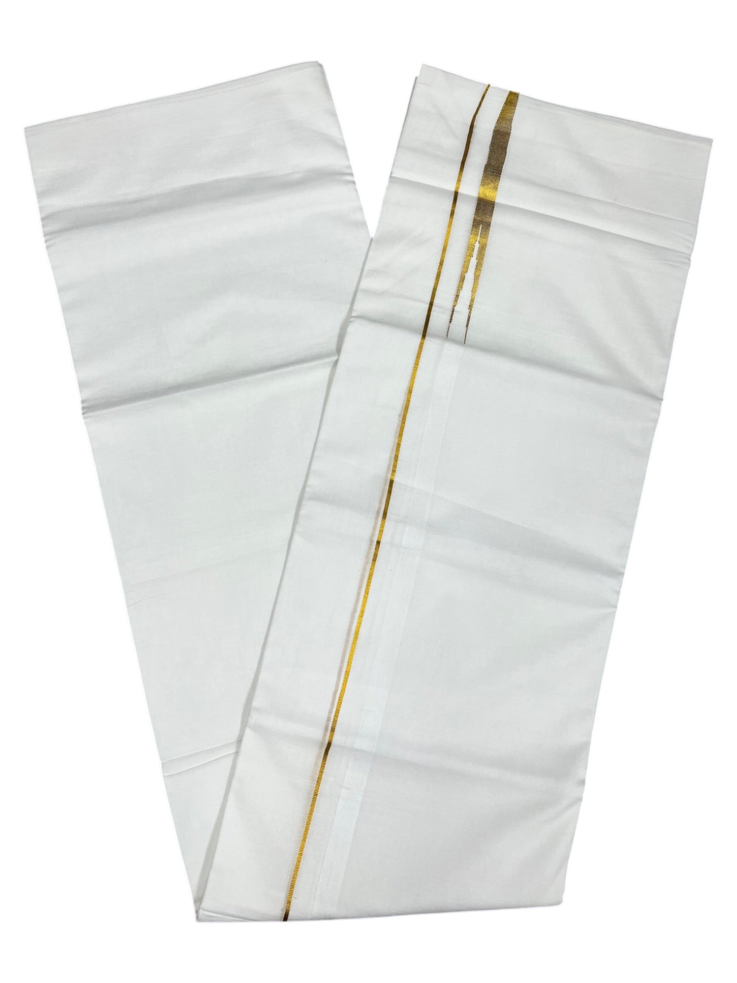 Southloom Pure White Cotton Double Mundu with Gold Chuttikara and White Border (South Indian Dhoti)