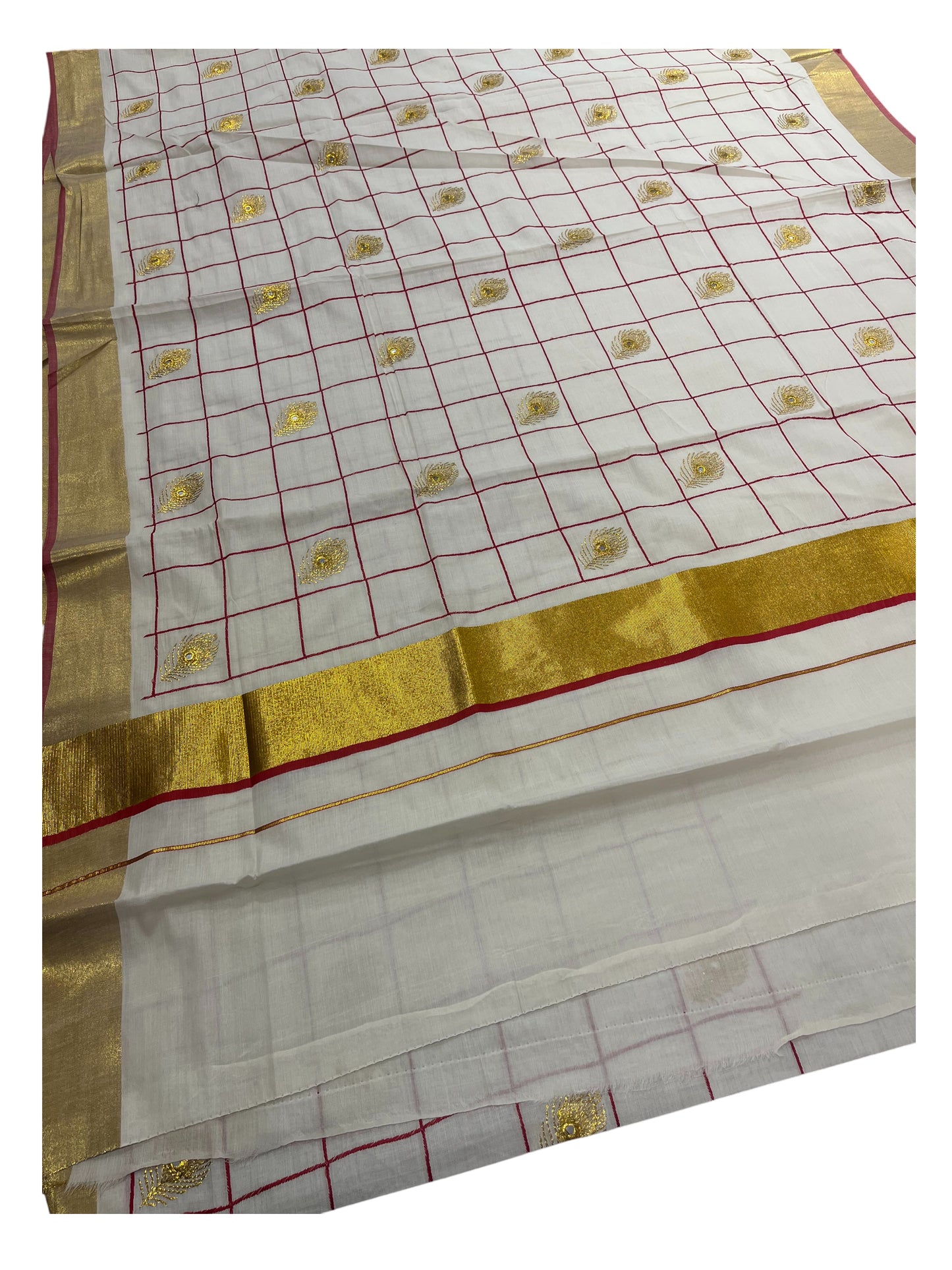 Southloom Kerala Cotton Saree with Red and Golden Peacock feather Embroidery Works