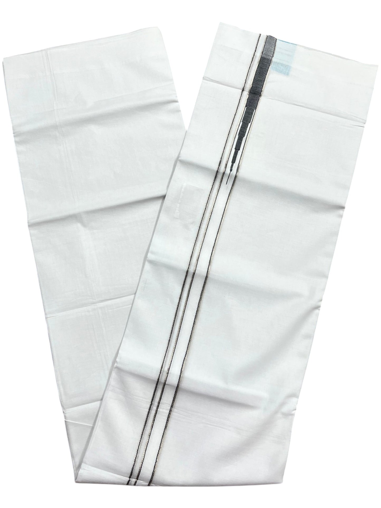 Southloom Pure White Cotton Double Mundu with Silver and Black Chutti Kara (South Indian Dhoti)