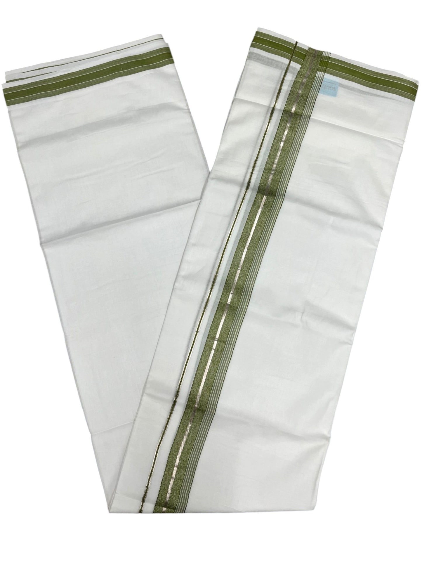 Southloom Kerala Pure White Cotton Double Mundu with Silver Line & Olive Green Border (South Indian Dhoti)