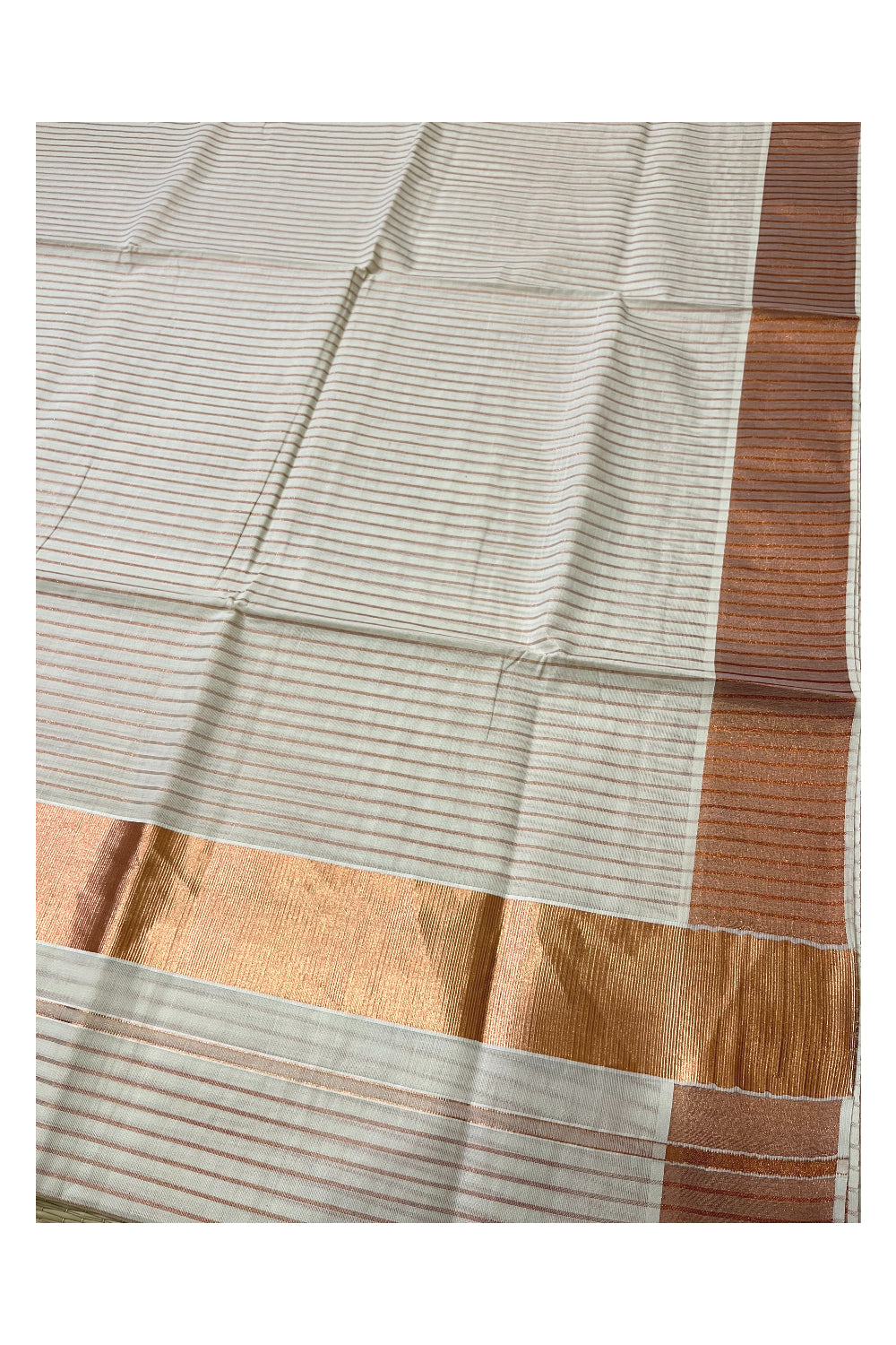 Pure Cotton Kerala Light Copper Kasavu Lines Saree with 3 inch Border (Onam Saree 2023)