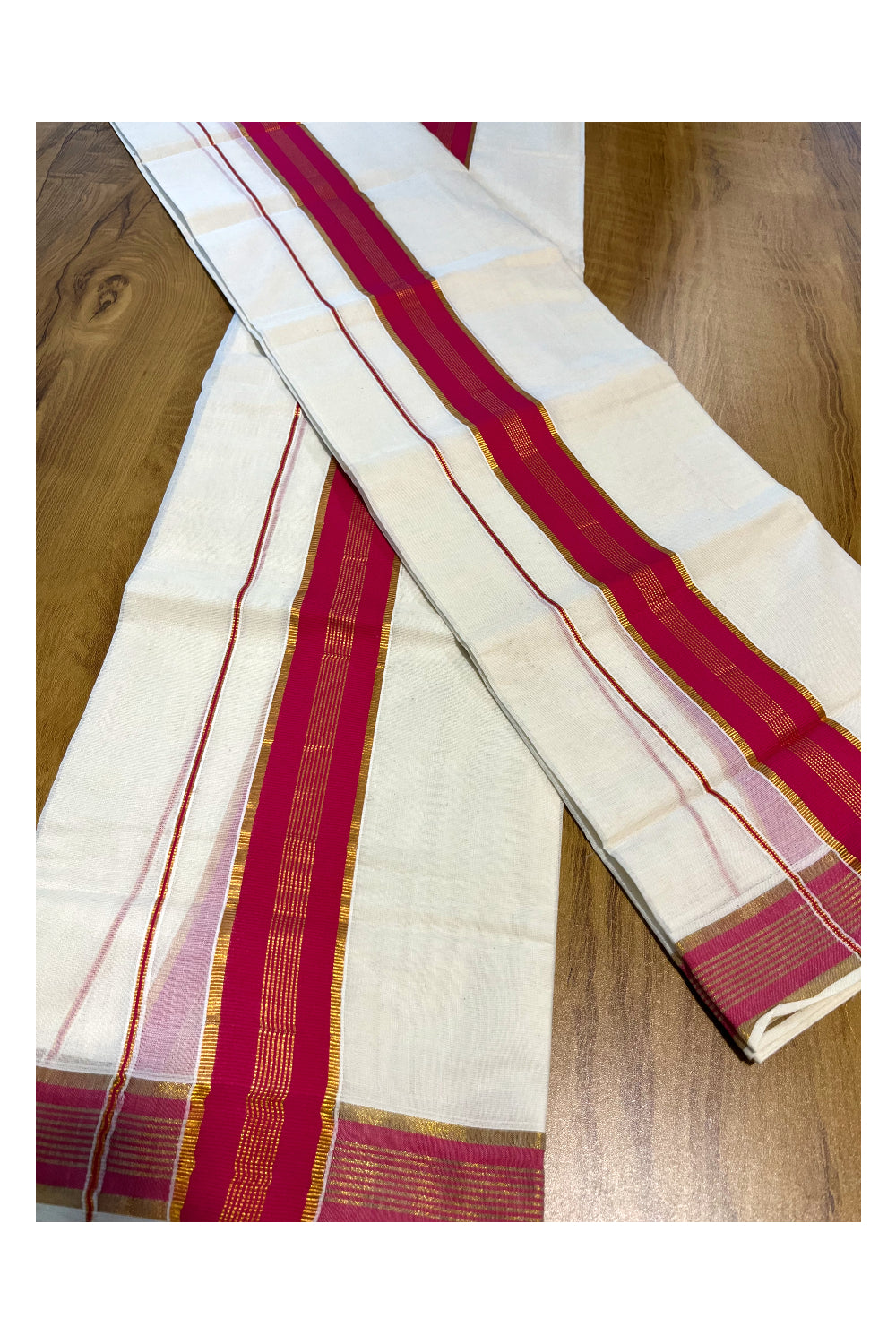 Kerala Cotton Mundum Neriyathum Single (Set Mundu) with Dark Pink and Kasavu Border