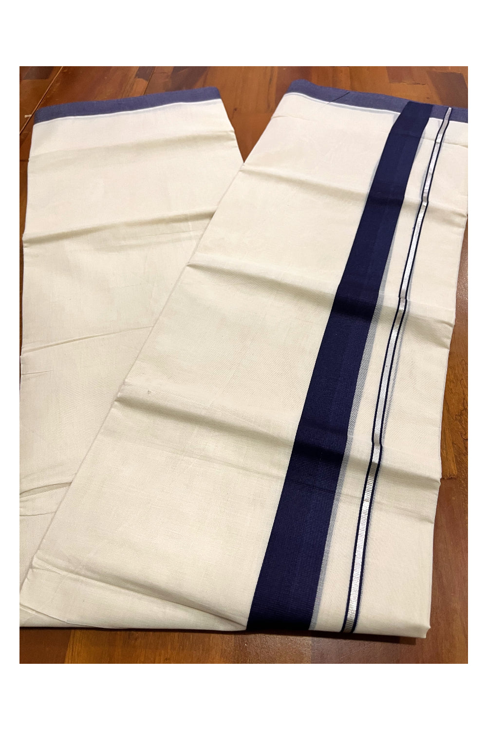 Pure Cotton Double Mundu with Silver Kasavu and Navy Blue Border (South Indian Kerala Dhoti)