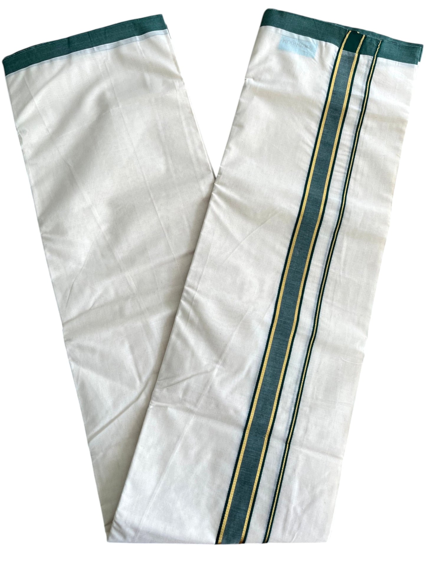 Southloom Pure Cotton Mundu with Golden Lines and Green Border (South Indian Kerala Dhoti)