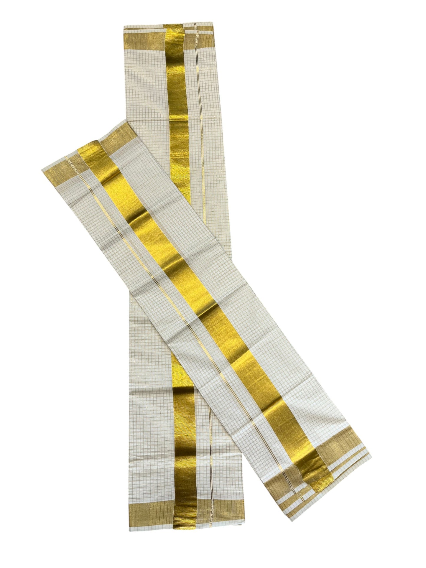 Southloom Pure Cotton Mundum Neriyathum (Set Mundu) with Gold Kasavu Micro Check Acorss Body