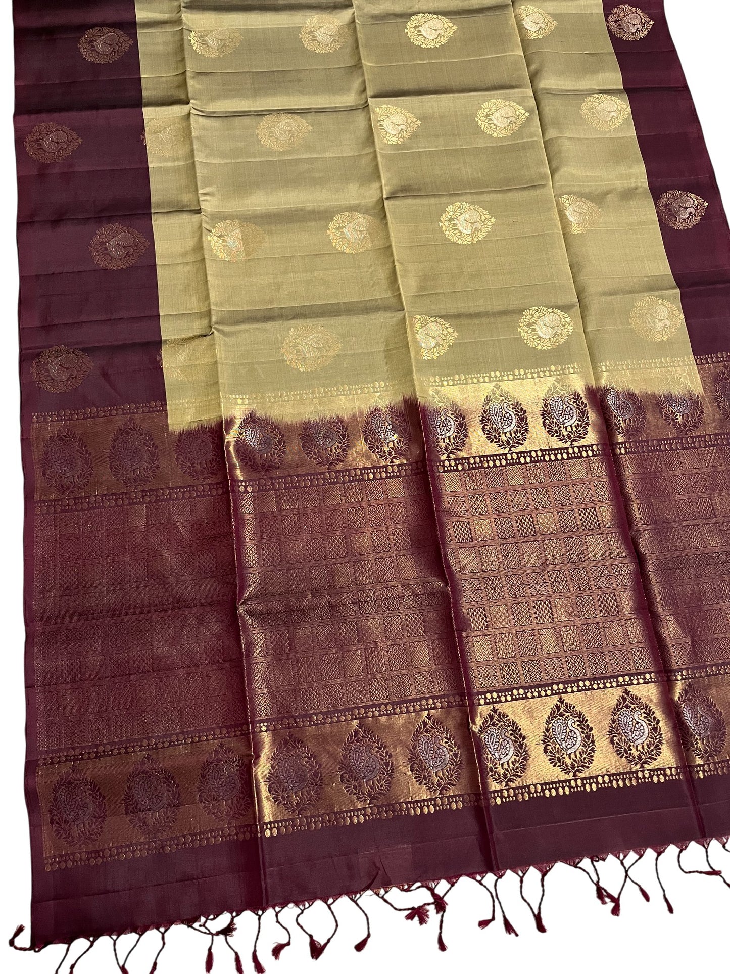 Southloom Pure Handloom Bridal Kanchipuram Silk Saree with Korvai Work (Purple & Green)