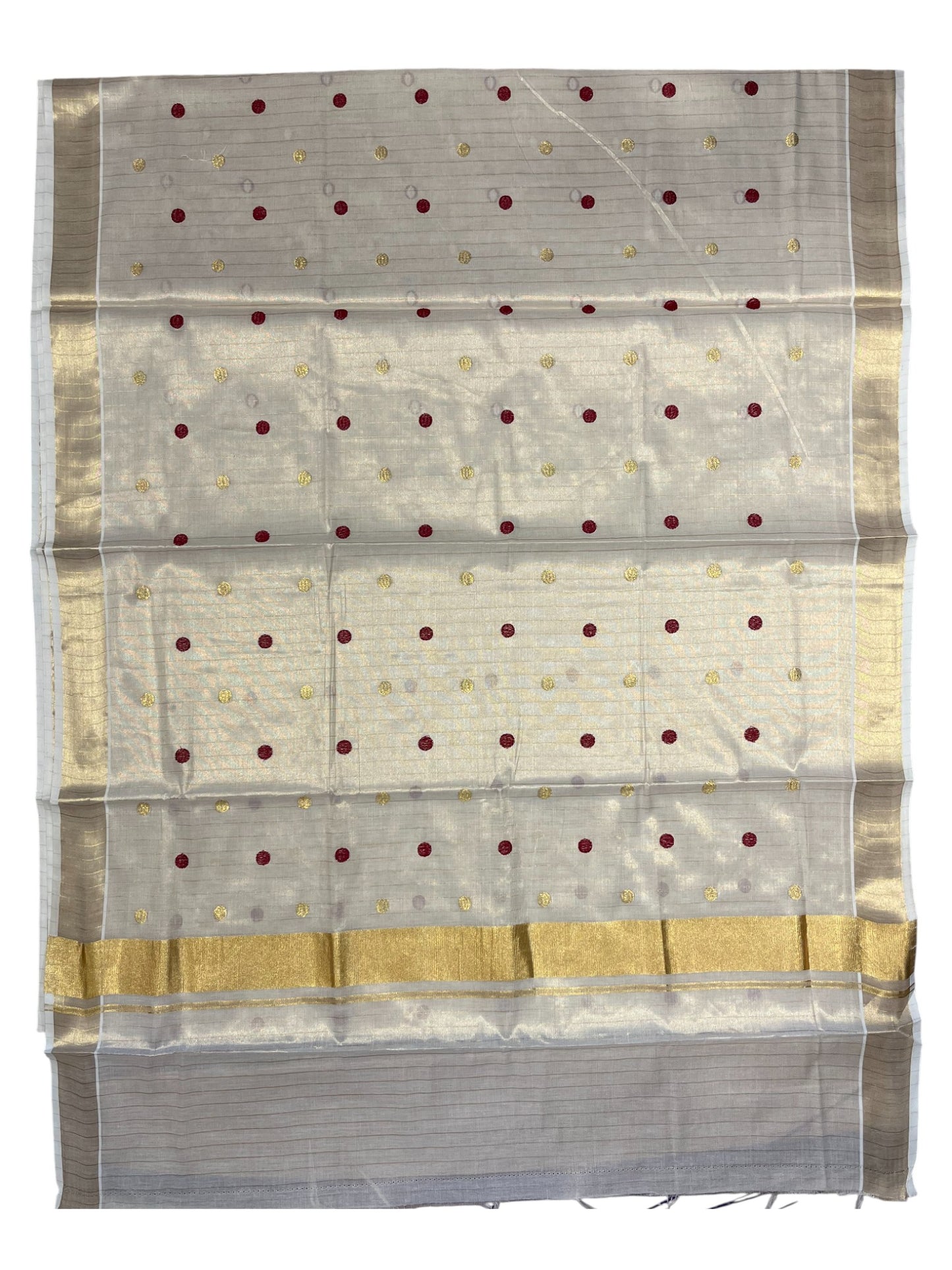 Southloom Kerala Tissue Kasavu Saree with Gold& Maroon Polka Embroidery Works on Body