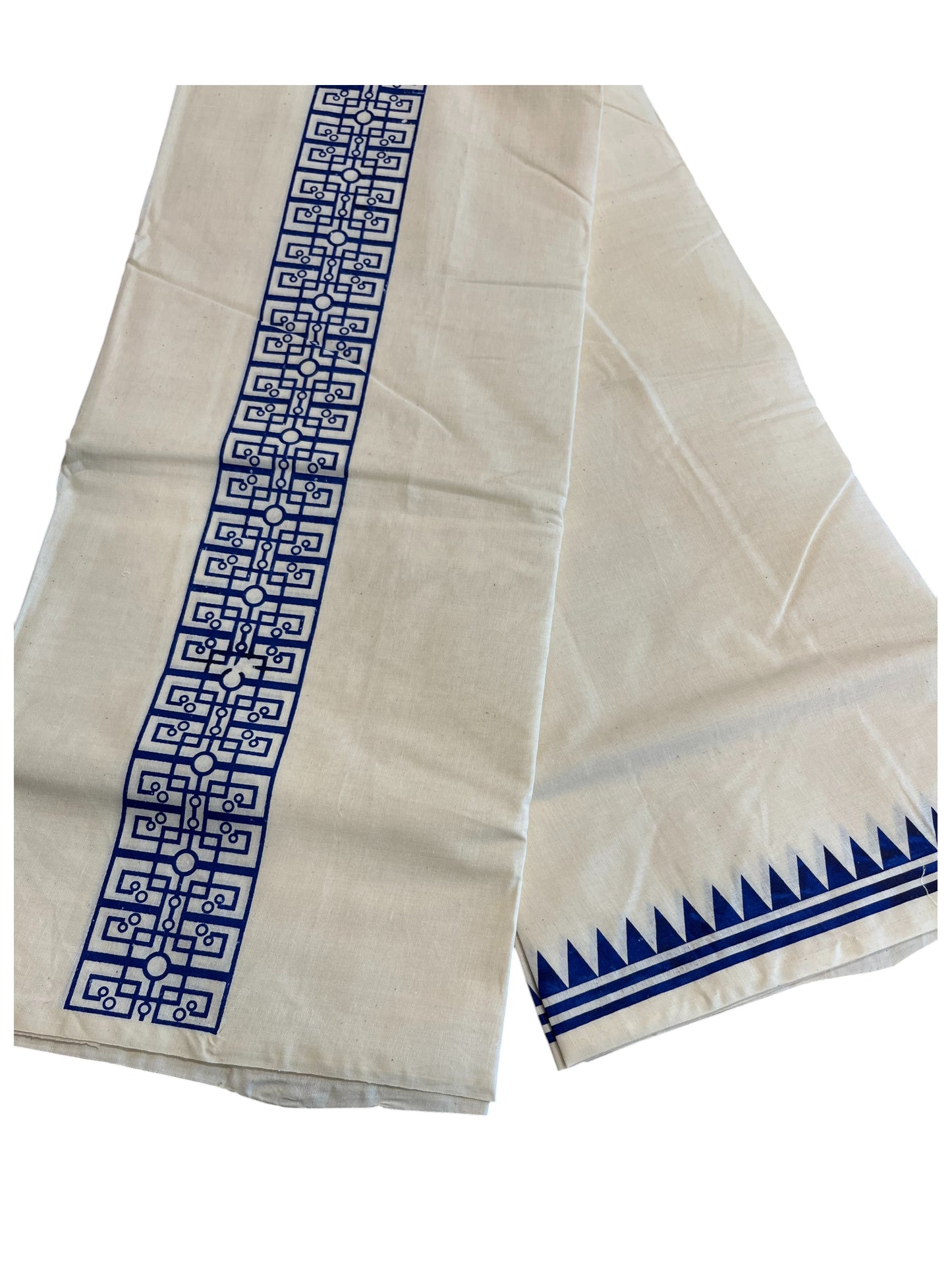 Southloom Pure Cotton Double Mundu with Block Prints on Blue Kara (South Indian Kerala Dhoti)
