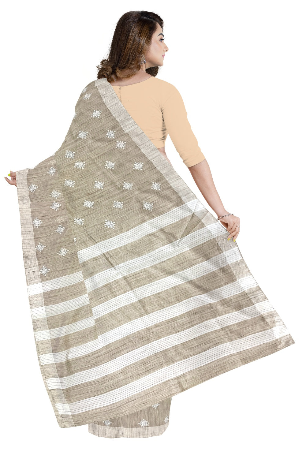 Southloom Cotton Light Brown Floral Thread Work Saree