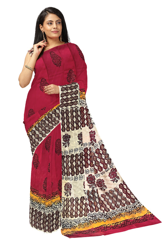 Southloom Dark Red Crepe Fabric Saree with Brown Printed Blouse Piece