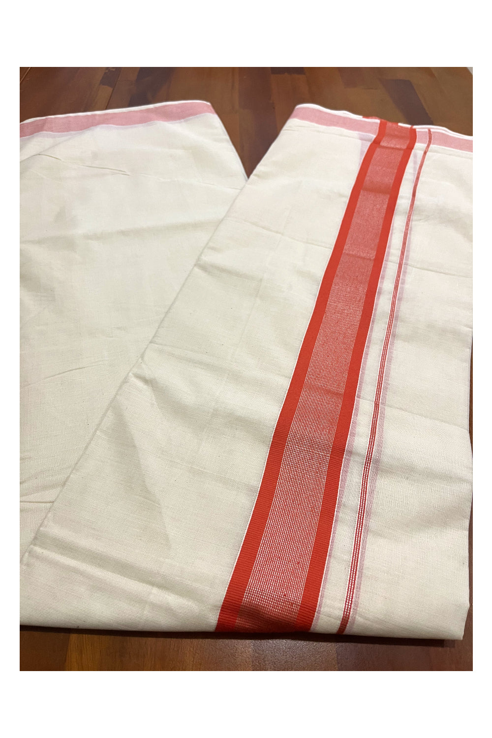 Pure Cotton Double Mundu with Orange and Silver Kasavu Kara (South Indian Kerala Dhoti)