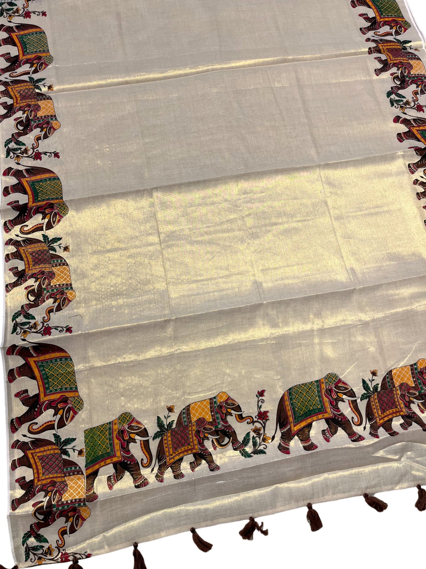 Southloom Kerala Tissue Kasavu Saree With Elephant Design on Borders