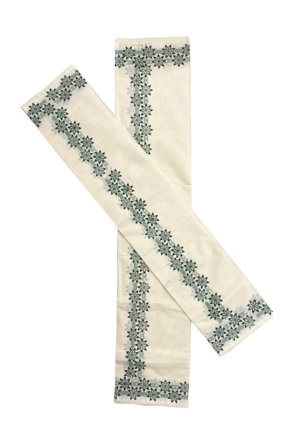 Kerala Pure Cotton Set Mundu Single (Mundum Neriyathum) with Green Floral Block Printed Border